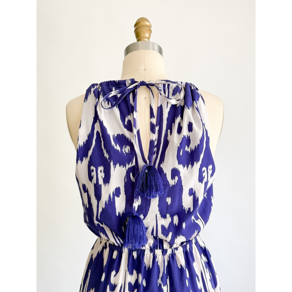 Bohemian Athleta Ikat Maxi Dress S Blue White Halter Tassel High Low Hem - Picture 5 of 9